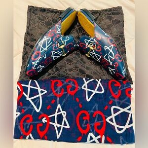 Gucci Blue Ghost Print Leather Princeton Horsebit Loafers / With Matching Scarf